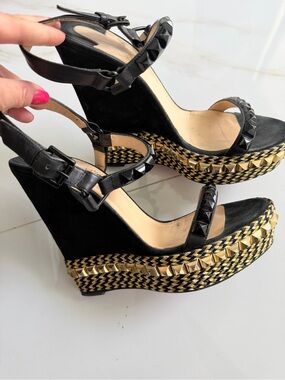 Christian Louboutin Black and Gold Studded Wedge Sandals